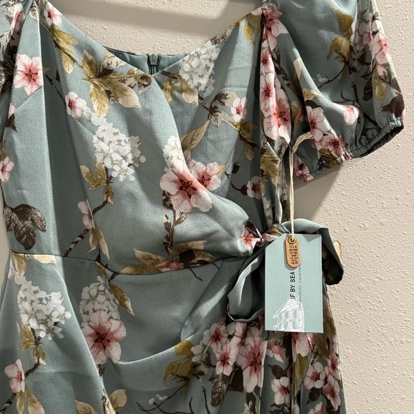 If By Sea Anthropologie Small Teal Floral Midi Dress Faux Wrap Wedding Cocktail - Picture 6 of 8